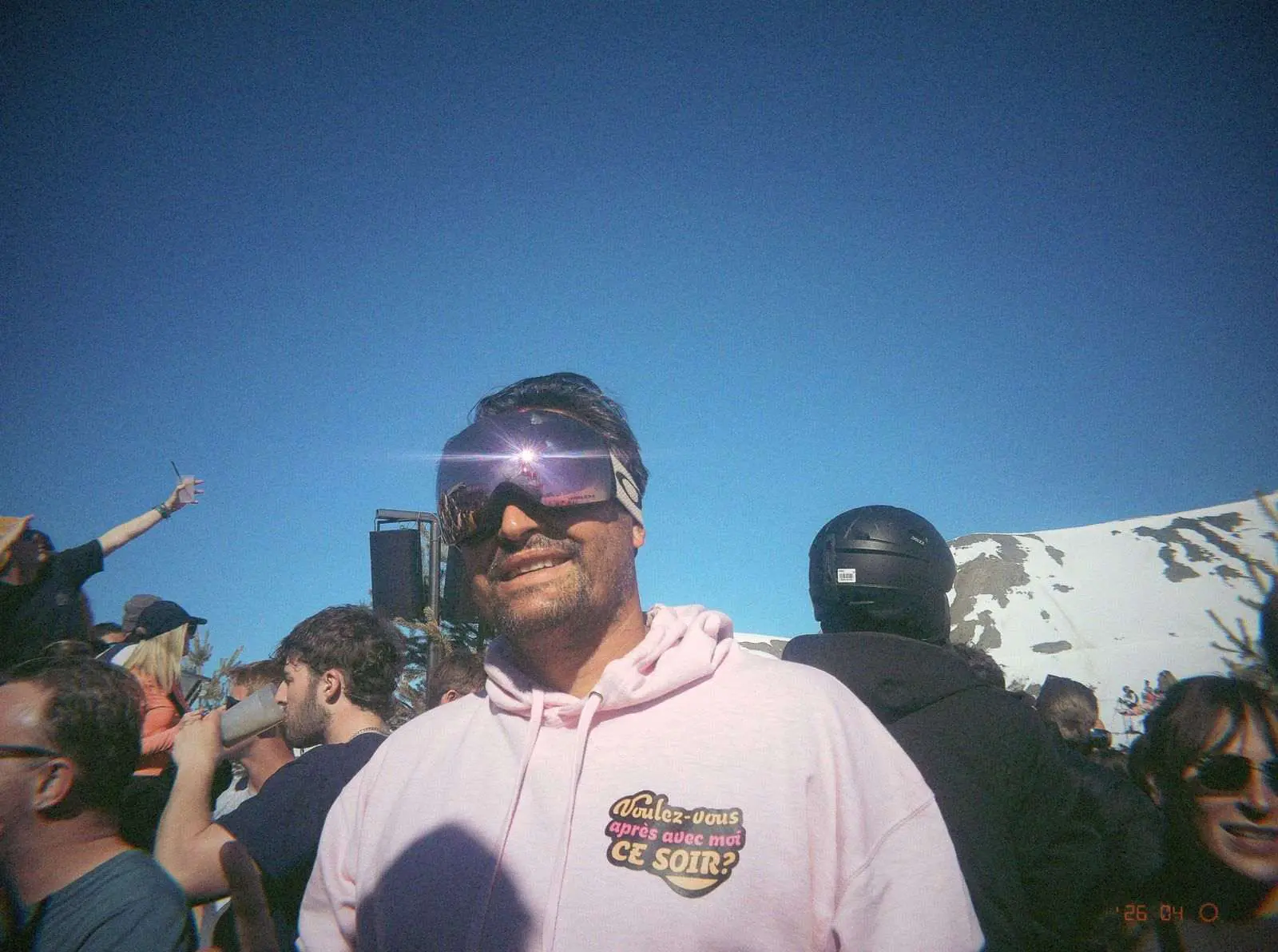 Guests in ski goggles in Les Deux Alpes, April 2026