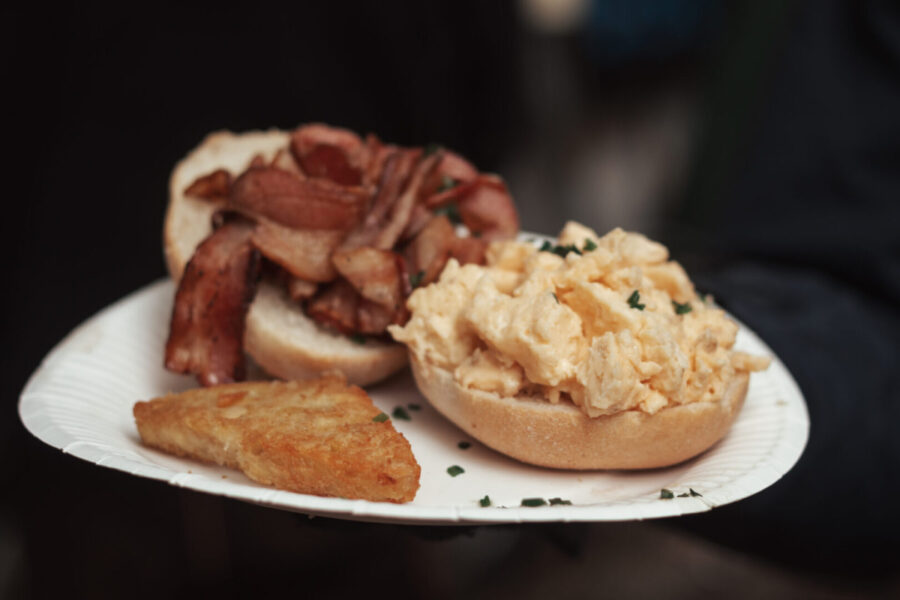 Bacon, scrambled eggs and a hashbrown are served at our Oktoberfest campsite as breakfast