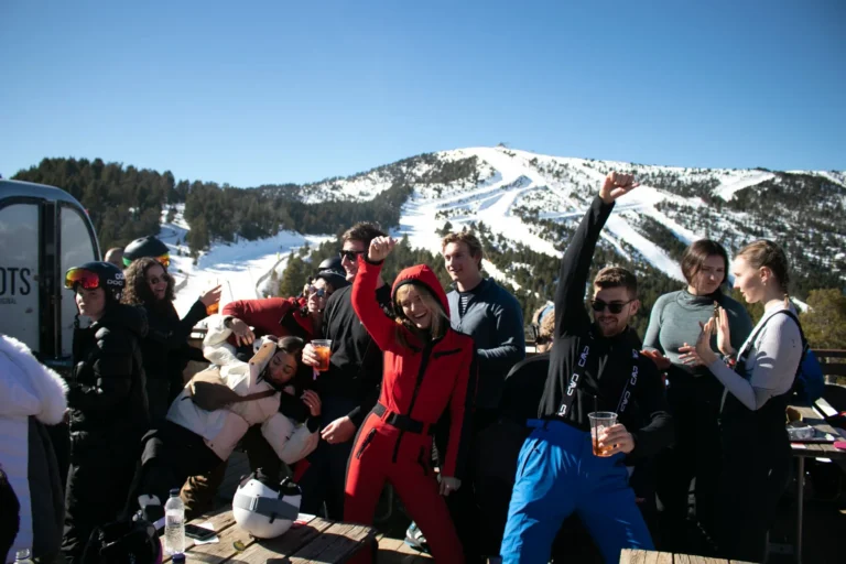Après-ski crowd on the sunny terrace at Pal Arinsal, Andorra Ski Weekender